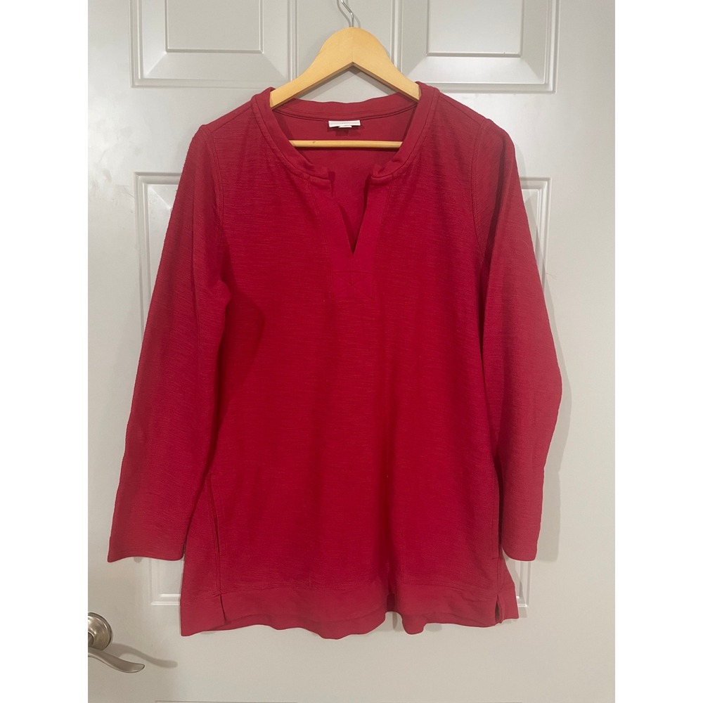J. Jill Tunic Top Womens Medium Red Excellent Slub Knit Split Neck Pockets